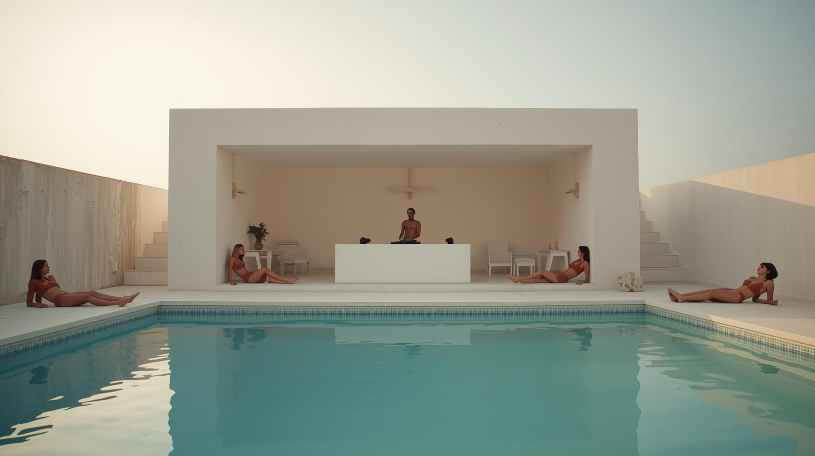 dj booth in.a villa in summer, with girls around pool. cinematic photo with lenses in wide angle